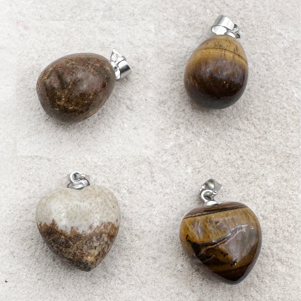 LOT 4 Natural Tiger‎ Eye Jasper Earth Stone Pendants 2 Hearts 2 Teardrops Small